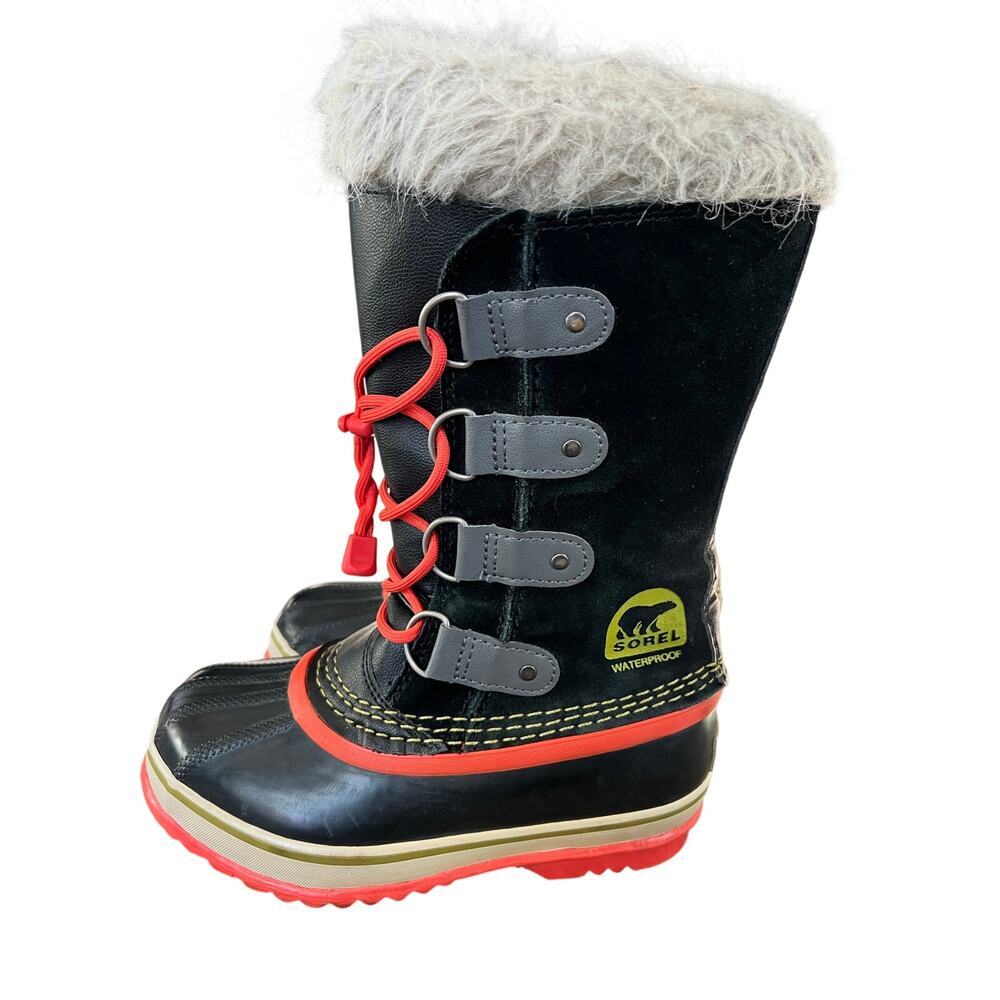 Girls Sorel Joan of Arctic Snow Boots, Size 1, Black/Red, Fur, Lace, Waterproof
